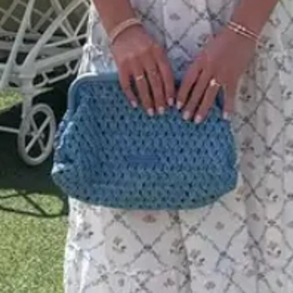 Loeffler Randal Blue Raffia Trudie Frame Clutch Crossbody Designer 13x7x4 $325 - Picture 4 of 12